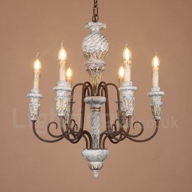 Country Vintage Wooden 6 Light Single Tier Chandelier for Dining Room, Living Room Light