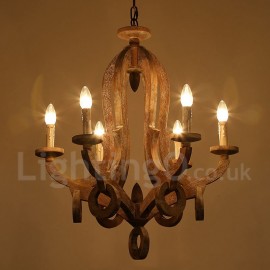 Country Wooden Vintage 6 Light Single Tier Chandelier Light for Living Room, Bedroom Wood Lamp