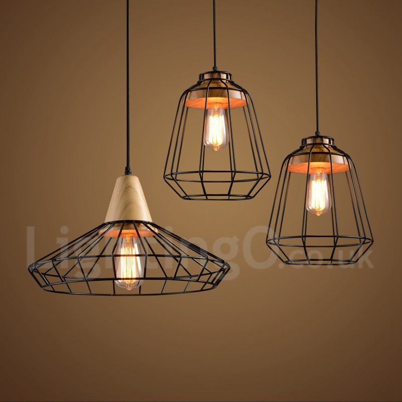 Country Dining Room Metal Wooden Pendant Light For Living Room
