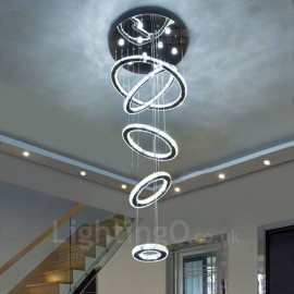 Dimmable 5 Rings Modern LED Crystal Ceiling Pendant Light Indoor Chandeliers Home Hanging Down Lighting Lamps Fixtures with Remo