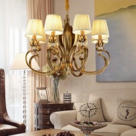 8 Light Retro,Rustic,Luxury Brass Pendant Lamp Chandelier with Fabric Shade