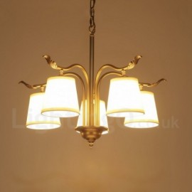 5 Light Retro,Rustic,Luxury Brass Pendant Lamp Chandelier with Fabric Shade