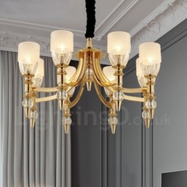 Mediterranean 8 Light Steel Chandelier with Glass Shade for Living Room, Dinning Room, Study