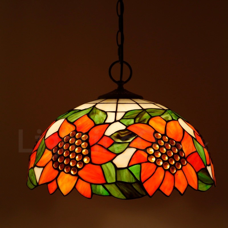 Sunflower Pattern 16 Inch Classic Handmade Tiffany Pendant Light Living Room Bedroom Study Room 3 Light
