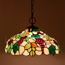 Grape Pattern 16 inch Classic Handmade Stained Glass Pendant Light Living Room Bedroom Study Room Bar Coffee 3 Light