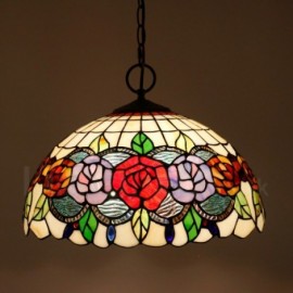 Rose Flower Pattern 16 inch Classic Handmade Stained Glass Pendant Light Living Room Bedroom Study Room Bar Coffee 3 Light