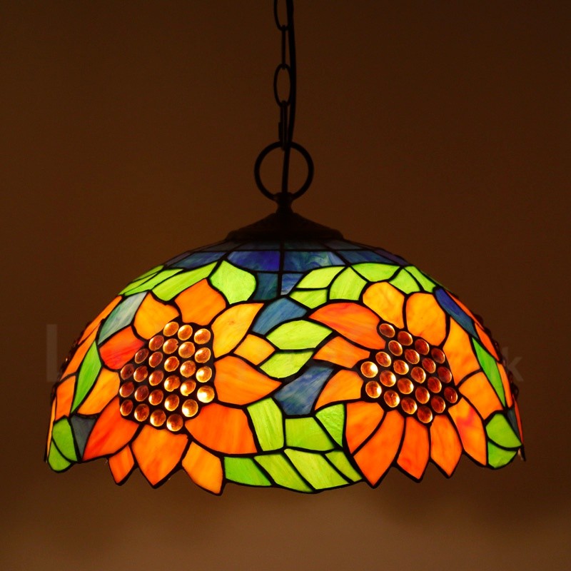 Sunflower Pattern 16 Inch Classic Handmade Tiffany Pendant Light Living Room Bedroom Study Room Bar Coffee 3 Light