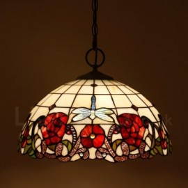 Dragonfly Rose Flower Pattern 16 inch Classic Handmade Stained Glass Pendant Light Living Room Bedroom Study Room Bar Coffee 3 Light