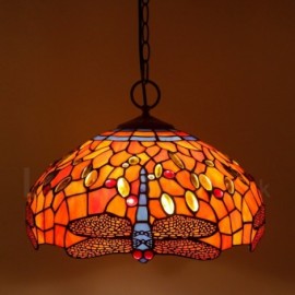 Dragonfly Pattern 16 inch Classic Handmade Stained Glass Pendant Lighting Dragonfly Pattern Living Room Bedroom Study Room 3 Light