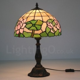 12 inch European Retro Handmade Stained Glass Table Lamp Pink Lotus Flower Pattern Living Room Bedroom Study Room 1 Lamp