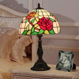 Rose Flower Lamp Shade Retro 12 inch Stained Glass Desk Lamp Living Room Bedroom Study Room