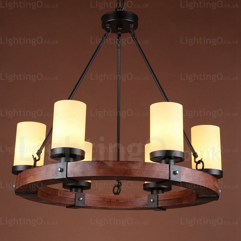 6 Light Country Rustic Pendant Lights With Glass Shade For Living