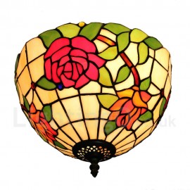 Diameter 30cm (12 inch) Handmade Rustic Retro Stained Glass Flush Mounts Colorful Rose Pattern Shade Bedroom Living Room Dining Room