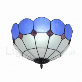 Diameter 40cm (16 inch) Handmade Rustic Retro Stained Glass Flush Mounts Mesh Pattern Blue Edge Shade Bedroom Living Room Dining Room