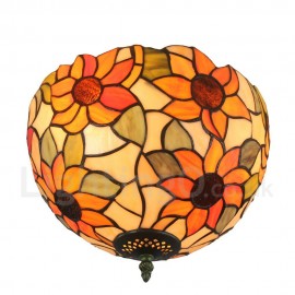 Diameter 30cm (12 inch) Handmade Rustic Retro Stained Glass Flush Mounts Sunflower Pattern Shade Bedroom Living Room Dining Room