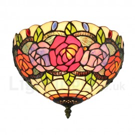 Diameter 30cm (12 inch) Handmade Rustic Retro Stained Glass Flush Mounts Colorful Flower Pattern Shade Bedroom Living Room Dining Room
