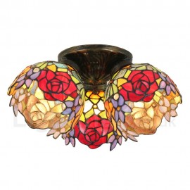 Diameter 30cm (12 inch) Handmade Rustic Retro Stained Glass Flush Mounts Three lights Colorful Flower Pattern Shade Bedroom Living Room Dining Room