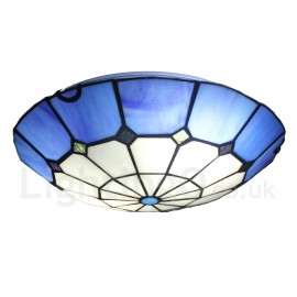 Diameter 30cm (12 inch) Handmade Rustic Retro Stained Glass Flush Mounts Grid Blue Edge Shade Bedroom Living Room Dining Room