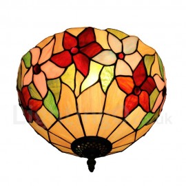Diameter 30cm (12 inch) Handmade Rustic Retro Stained Glass Flush Mounts Colorful Flower Pattern Shade Bedroom Living Room Dining Room