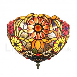 Diameter 30cm (12 inch) Handmade Rustic Retro Stained Glass Flush Mounts Bana Pattern Shade Bedroom Living Room Dining Room