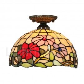 Diameter 30cm (12 inch) Handmade Rustic Retro Stained Glass Flush Mounts Colorful Little Flower Pattern Shade Bedroom Living Room Dining Room