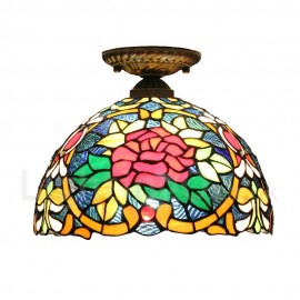 Diameter 30cm (12 inch) Handmade Rustic Retro Stained Glass Flush Mounts Red Flower Pattern Shade Bedroom Living Room Dining Room