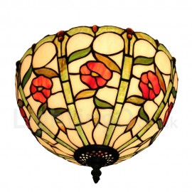 Diameter 30cm (12 inch) Handmade Rustic Retro Stained Glass Flush Mounts Little Red Flower Pattern Shade Bedroom Living Room Dining Room