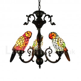 Stained Glass Chandelier Glass Parrot Shade Handmade Rustic Retro Bedroom Living Room Dining Room Light 3 Lights