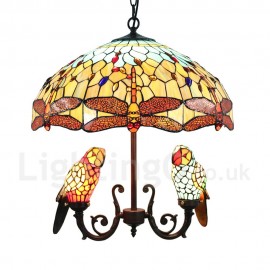 Stained Glass Chandelier Handmade Rustic Retro Glass Parrot and Orange Dragonfly Glass Shade Bedroom Living Rroom Dining Room Light 5 Lights