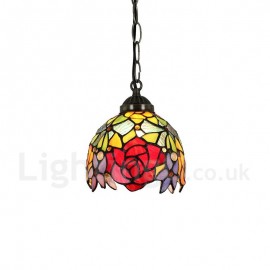 6inch Handmade Rustic Retro Stained Glass Pendant Light Red Rose Pattern Shade Bedroom Living Room Dining Room
