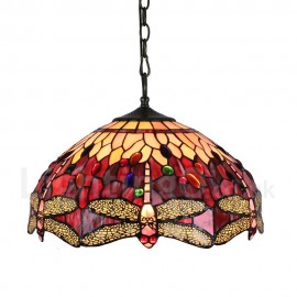 Diameter 40cm (16 inch) Handmade Rustic Retro Stained Glass Pendant Lights Dragonfly Pattern Red Glass Shade Bedroom Living Room Dining Room