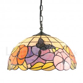 Diameter 40cm (16 inch) Handmade Rustic Retro Stained Glass Pendant Lights Butterfly Flowers Pattern Glass Shade Bedroom Living Room Dining Room