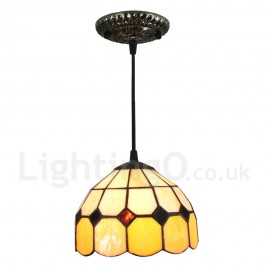 Diameter 20cm (8 inch) Handmade Rustic Retro Stained Glass Pendant Light Grid Pattern Glass Shade Orange Edge Bedroom Living Room Light