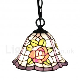 Diameter 20cm (8 inch) Handmade Rustic Retro Stained Glass Pendant Light Rose Pattern Glass Shade Bedroom Living Room Light