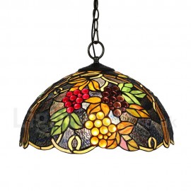 Diameter 40cm (16 inch) Handmade Rustic Retro Stained Glass Pendant Lights Multicolor Grapes Pattern Glass Shade Bedroom Living Room Dining Room
