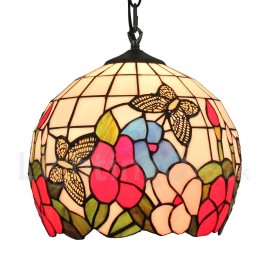 Diameter 30cm (12 inch) Handmade Rustic Retro Stained Glass Pendant Light Butterfly and Flower Pattern Glass Shade Bedroom Living Room Dining Room