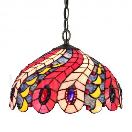 Diameter 30cm (12 inch) Handmade Rustic Retro Stained Glass Pendant Light Pteris Feathers Pattern Glass Shade Bedroom Living Room Dining Room