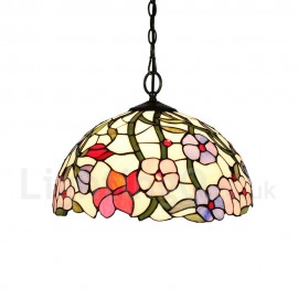 Diameter 40cm (16 inch) Handmade Rustic Retro Stained Glass Pendant Lights Multicolor Flowers Pattern Glass Shade Bedroom Living Room Dining Room