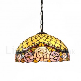 Diameter 40cm (16 inch) Handmade Rustic Retro Stained Glass Pendant Lights Multicolor Rose Pattern Glass Shade Bedroom Living Room Dining Room