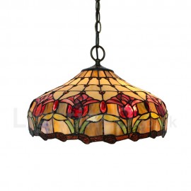 Diameter 40cm (16 inch) Handmade Rustic Retro Stained Glass Pendant Lights Red Flowers Pattern Glass Shade Bedroom Living Room Dining Room