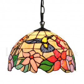 Diameter 30cm (12 inch) Handmade Rustic Retro Stained Glass Pendant Light Hummingbird Gathering Flowers Pattern Glass Shade Bedroom Living Room Dining Room