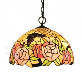 Diameter 40cm (16 inch) Handmade Rustic Retro Stained Glass Pendant Lights Butterfly Flowers Pattern Glass Shade Bedroom Living Room Dining Room