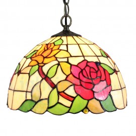 Diameter 30cm (12 inch) Handmade Rustic Retro Stained Glass Pendant Light Colorful Rose Pattern Glass Shade Bedroom Living Room Dining Room