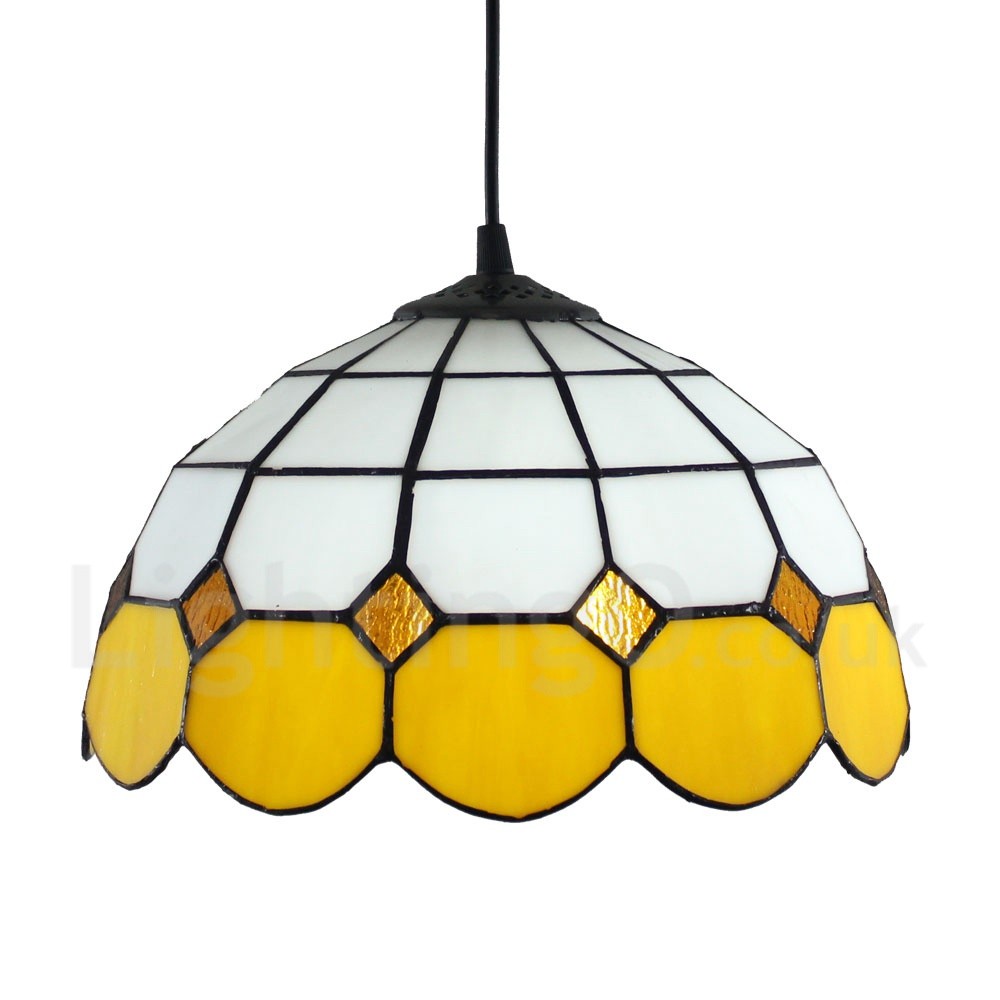 Diameter 30cm 12 Inch Handmade Rustic Retro Tiffany Pendant Light Yellow And White Pattern Glass Shade Bedroom Living Room Dining Room