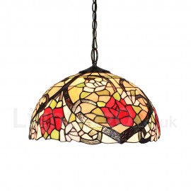 Diameter 40cm (16 inch) Handmade Rustic Retro Stained Glass Pendant Lights Red Rose Pattern Glass Shade Bedroom Living Room Dining Room