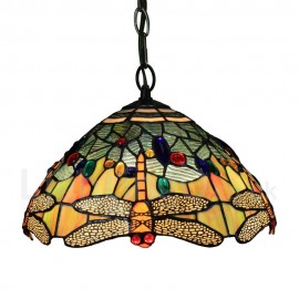 Diameter 30cm (12 inch) Handmade Rustic Retro Stained Glass Pendant Light Yellow Dragonfly Pattern Glass Shade Bedroom Living Room Dining Room