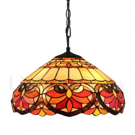 Diameter 40cm (16 inch) Handmade Rustic Retro Stained Glass Pendant Lights Multicolor Flowers Pattern Glass Shade Bedroom Living Room Dining Room