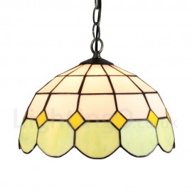 Diameter 30cm (12 inch) Handmade Rustic Retro Stained Glass Pendant Light Mesh Pattern Green and White Glass Shade Bedroom Living Room Dining Room