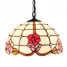 Diameter 30cm (12 inch) Handmade Rustic Retro Stained Glass Pendant Light Colorful Flower Pattern Glass Shade Bedroom Living Room Dining Room