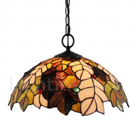 Diameter 40cm (16 inch) Handmade Rustic Retro Stained Glass Pendant Lights Multicolor Leaves Pattern Glass Shade Bedroom Living Room Dining Room